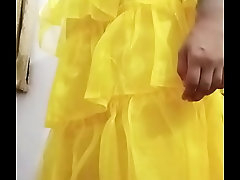Indian gay Crossdresser Bottom pressing and playing with her big boobs in yellow gown real homemade sex
