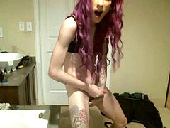 thin purple hair tgirl ejaculates two times