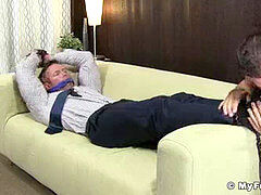 bulky businessman Joey J strapped by feet tonguing deviant