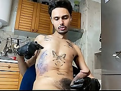 Skinny guy with a big dick sucking himself off and jerking off.