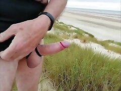 Hard cock pissing on beach