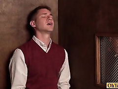 Missionary boy sucks old priests cock through the hole