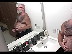 Douche, fat belly play, hairy cock solo