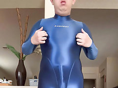 Blue Amoresy Spandex Suit, feel it touch the Nipple, then Sexy Jerk Off with Bulge, Boner, Condom and Cum