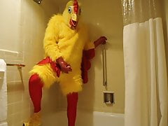 Chicken Costume With Spandex and Rubber Masturbating