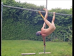 naked gay slave pig exposed outdoor tied up at my testicles, because it hurts I did fitness, BDSM CBT