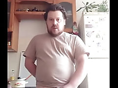 This guy put his BALLS on the table and started jerking off his COCK to taste the fresh CUM!