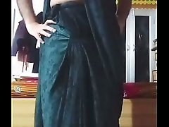 Indian Gay Crossdresser Bottom pressing and playing with her big boobs in black saree real homemade xxx sex