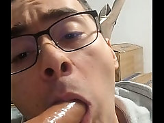 College boy sucks daddy'_s cock until he cums in his mouth (dildo)