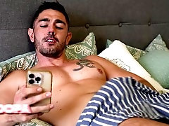 Muscle hunk, post cum, in english