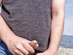 Showing off my cock out by a public lake and made me cum while a stranger watched and masturbated