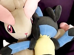 Threesome with Lopunny and Lucario plush toys ends in creampie explosion