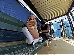 Baseball Coach shows off his big sweaty feet