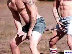 unexperienced jock at group soiree outdoors hooking up