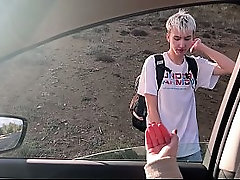 We picked up a cute twink and fucked him in the car with my busty girlfriend