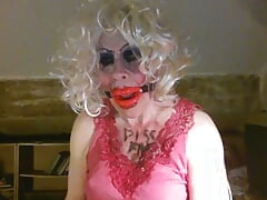 Gagged, CD sissy slut,Sarah Millward, wannabe MILF, wanks, craves humiliation and cock - your cock, and your cum in her face