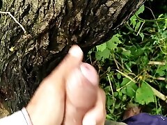 Outdoor masturbation in the road side and cumshot on tree
