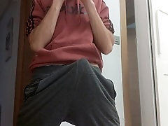 Bulging pants, smooth balls, guy cumming