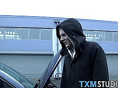 tender gay spitroasted in threeway after picked up by car
